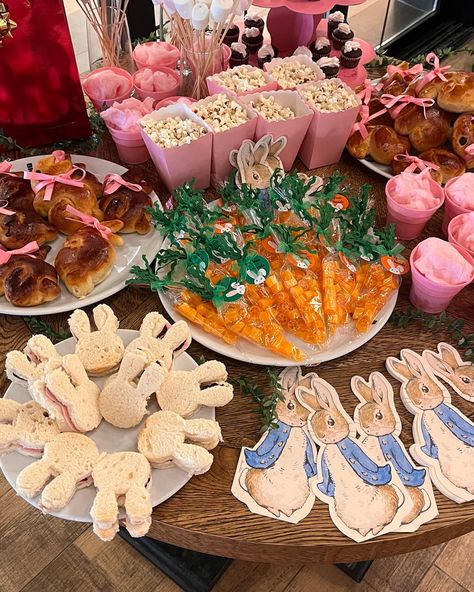 Bunny Themed Party Food, Velveteen Rabbit Party, Easter Themed First Birthday Party, Rabbit Party Ideas Bunny Birthday, Rabbit Themed Food, Peter Rabbit Birthday Party Ideas, Peter Rabbit Birthday Party Girl, Rabbit Themed Baby Shower Ideas, Peter Rabbit Aesthetic