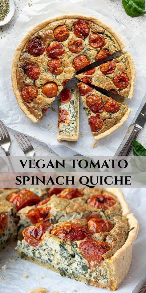 Vegan Savoury Tart, Vegan Tofu Quiche Recipes, Silken Tofu Quiche, Vegan Spinach Quiche, Vegan Spinach Pie, Vegan Breakfast Pastry Recipes, Spinach Tart Recipes, Vegan Tomato Recipes, Vegan Tart Recipes