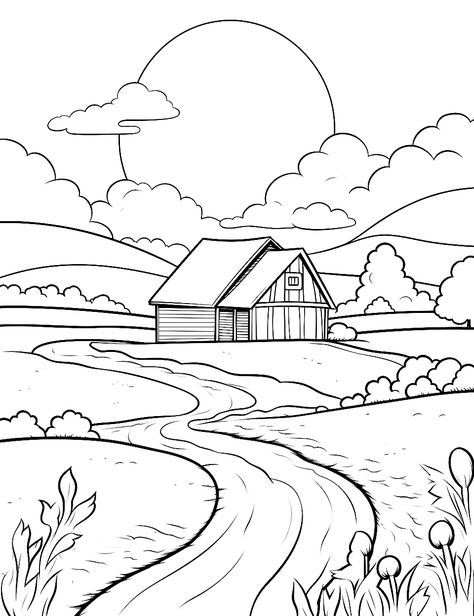 Farm Landscape with Barn: A simple farm scene with a barn and a clear sky in the distance from the twisting road. (Free Printable Coloring Page for Kids) Simple Landscape Coloring Pages, Drawing Farm, Farm Scene Drawing, Farm Drawing Landscape, Colouring Pages Simple, Simple Nature Drawing, Barn Drawing, Wild Horses Running, Scene Drawing