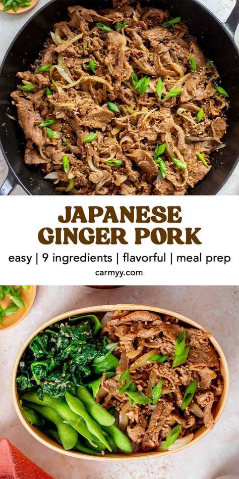 This simple but delicious Japanese ginger pork (also known as Shogayaki), come together with only a handful of ingredients. Thinly sliced pork marinated in a sweet and savory aromatic gingery sauce and then quickly sautéed, this dish is so flavorful and easy to make for a weeknight dinner. Pork Meal Prep, Japanese Ginger, Ginger Pork, Pork Bacon, Spicy Pork, Easy Weeknight Dinner, Health Dinner, Easy Pork, Health Dinner Recipes