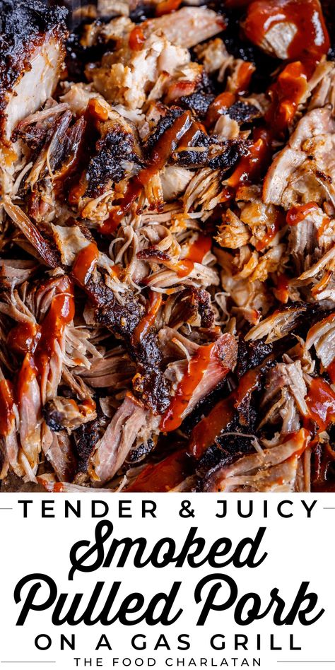 BBQ Smoked Pulled Pork (on a Gas Grill) from The Food Charlatan. This AMAZINGLY juicy and tender Smoked BBQ Pulled Pork is made on a GAS grill! Get that unique smoky flavor you love without investing in an actual smoker. It's an easy recipe that is pretty hands-off. The flavor is legit. The meat just falls apart, and you get that crispy blackened edge that only comes from outdoor cooking! This recipe is perfect for Father's Day, Game day, summer barbecues, or anytime you need to feed a crowd! Grilled Pulled Pork, Smoked Pulled Pork Recipe, The Food Charlatan, Smoked Pulled Pork, Food Charlatan, Pulled Pork Recipes, Bbq Sauce Homemade, Pulled Pork Sandwich, Bbq Pulled Pork