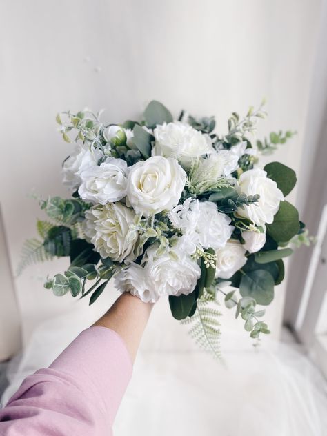 Wedding White Flowers Bouquet, White Dahlia Wedding Bouquets, White Bridal Bouquet With Eucalyptus, Faux Wedding Bouquet, White Bridesmaid Bouquet, Wedding Rehearsal Dinner Decorations, Bridal Bouquet White, White Peonies Bouquet, White Bouquets