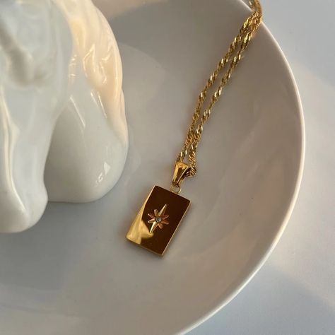 Golden Star Necklace ✨ North Star Necklace, Rectangle Necklace, Starburst Necklace, Gold Starburst, Star Pendant Necklace, Pave Pendant, Gold Charm Necklace, Crystal Stars, North Star