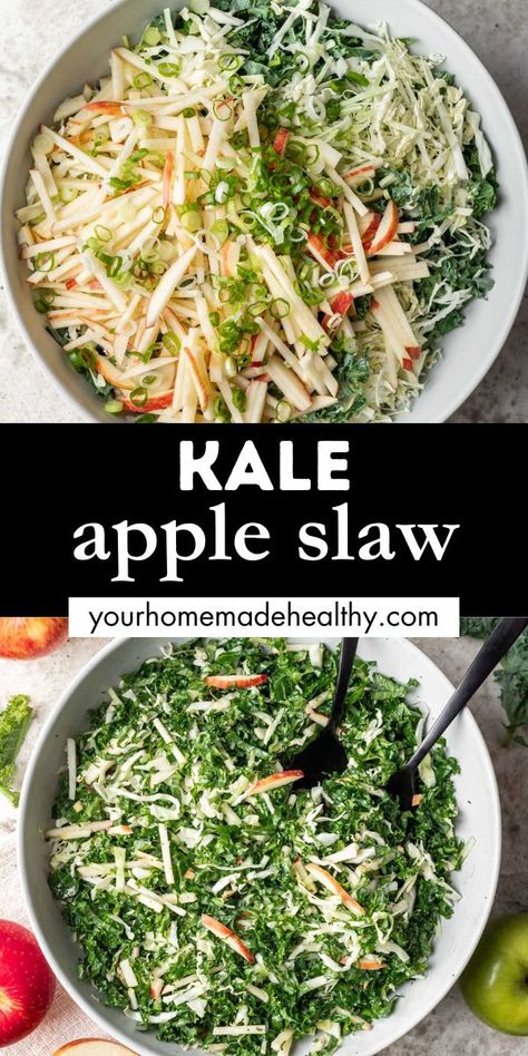 Kale, apples, and green onions in a mixing bowl to create kale apple slaw. Apple Cider Dressing, Kale Apple Salad, Homemade Slaw, Shaved Brussel Sprouts, Kale Slaw, Dinner Recipes Healthy Family, Fall Salad, Apple Slaw, Homemade Apple Cider