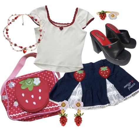 Cherrycore Outfit, Strawberrycore Outfits, Honey Berry, Outfits For Ocs, Strawberry Outfit, Kawaii Outfit Ideas, Junk Ideas, Strawberry Girl, 2000s Outfits