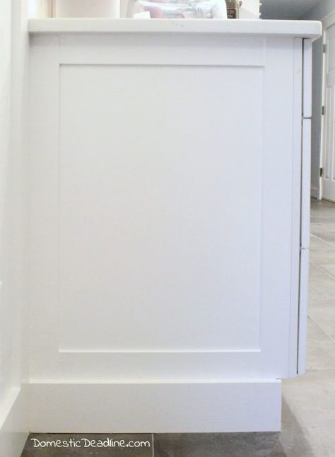 DIY End Panels - Cost effective solution to customize kitchen cabinets for my farmhouse fixer upper kitchen - Domestic Deadline Kitchen Cabinets End Panels, Fixer Upper Bathroom, Farmhouse Fixer, Farmhouse Fixer Upper, Fixer Upper Kitchen, Upper Kitchen Cabinets, Refacing Kitchen Cabinets, Diy Kitchen Cabinets, Built In Cabinets