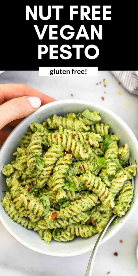 This homemade vegan pesto pasta is easy to make, fresh, healthy and full of flavor. This nut free pesto is perfect warm or served cold in a pasta salad. This gluten free recipe is dairy free and ready in 20 minutes for a family favorite dinner. Pesto Pasta Vegan, Broccoli Pesto Pasta, Lemon Pesto Pasta, Pesto Pasta Bake, Cashew Pesto, Nut Free Pesto, Vegan Pesto Pasta, Basil Pesto Pasta, Dairy Free Pesto