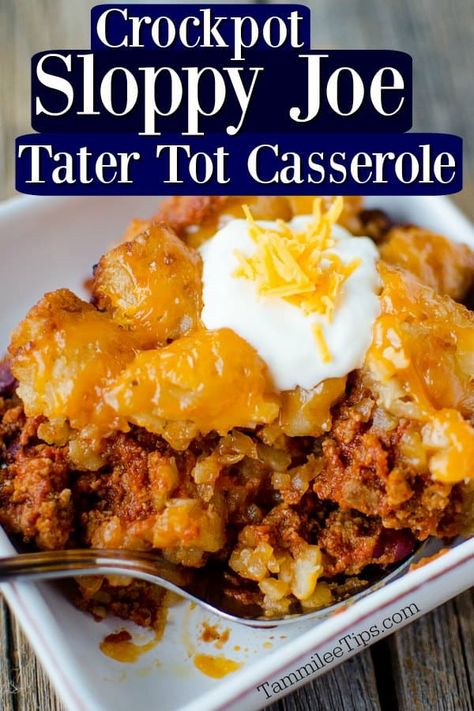 Super easy to make Crock Pot Tater Tot Sloppy Joes Casserole Recipe. Made with ground beef the entire family will love this slow cooker recipe. The crockpot does all the work and you have a great family dinner. This is great comfort food for a crowd. Sloppy Joe Tater Tot Casserole, Crock Pot Sloppy Joes, Ground Beef Crockpot Recipes, Slow Cooker Sloppy Joes, Tater Tot Casserole Recipe, Beef Crockpot, Sloppy Joe Casserole, Tater Tot Recipes, Recipe Crockpot