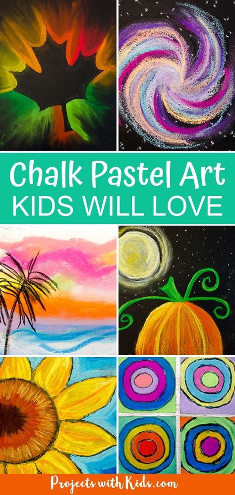 Fun and easy chalk pastel art for kids to create! Ideas for different seasons, holidays or anytime that kids of all ages will love. #projectswithkids #chalkpastels #kidsart Chalk Pastel Art For Kids, Art Creative Ideas, Chalk Pastel Art, Soft Pastel Art, Fall Art Projects, Chalk Pastel, Pastel Artwork, Collage Art Projects, Pastel Sec