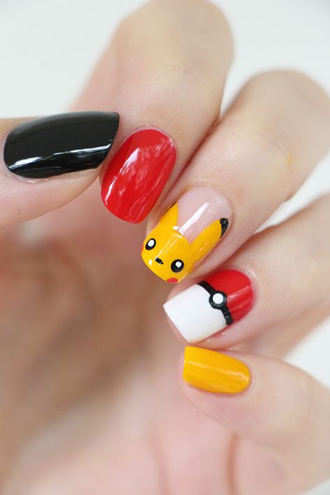 Nails - Nagel Pokemon Nail Art, Pikachu Nails, Birthday Nail Art, Sns Nails Colors, Kids Nail Designs, Nail Art For Kids, Yellow Nails Design, Anime Nails, Kawaii Nails