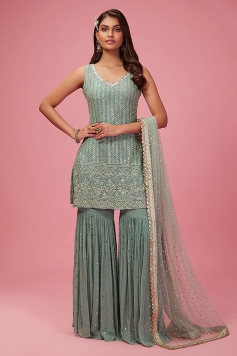 Buy Pale Lilac Sequins Embroidered Georgette Sharara Suit Online | Samyakk Green Sharara, Georgette Sharara, Brook Green, Pale Lilac, Sharara Suit, Sharara Set, Jodhpur, Anarkali, Salwar Kameez