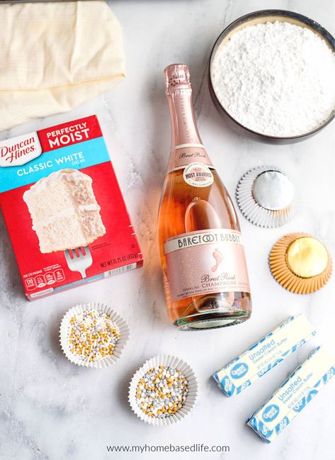 Easy Champagne Cupcakes, Pink Champagne Cupcakes With Box Cake, Moscato Cupcakes Box Cake Mixes, Champagne Cake Recipe With Box Cake, Pink Champagne Cake With Box Cake, Champagne Cupcakes With Box Cake, Strawberry Champagne Cupcakes, Champagne Cakes, Champagne Bottle Cake