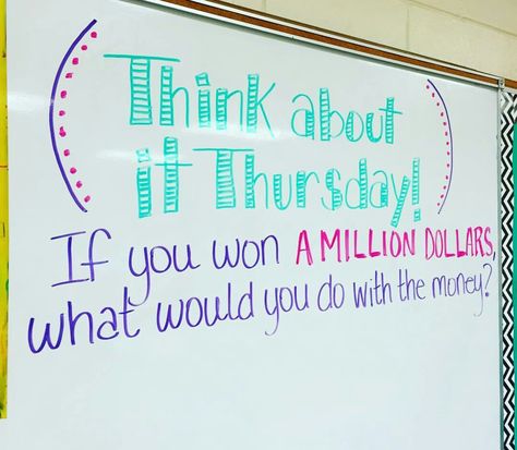 I just love the idea of think about Thursday --I will come up with some fantastic questions and discussion topics that we will use during morning meeting. Whiteboard Prompts, Whiteboard Messages, Responsive Classroom, Morning Activities, Daily Writing Prompts, Daily Writing, Classroom Community, Future Classroom, Think About It