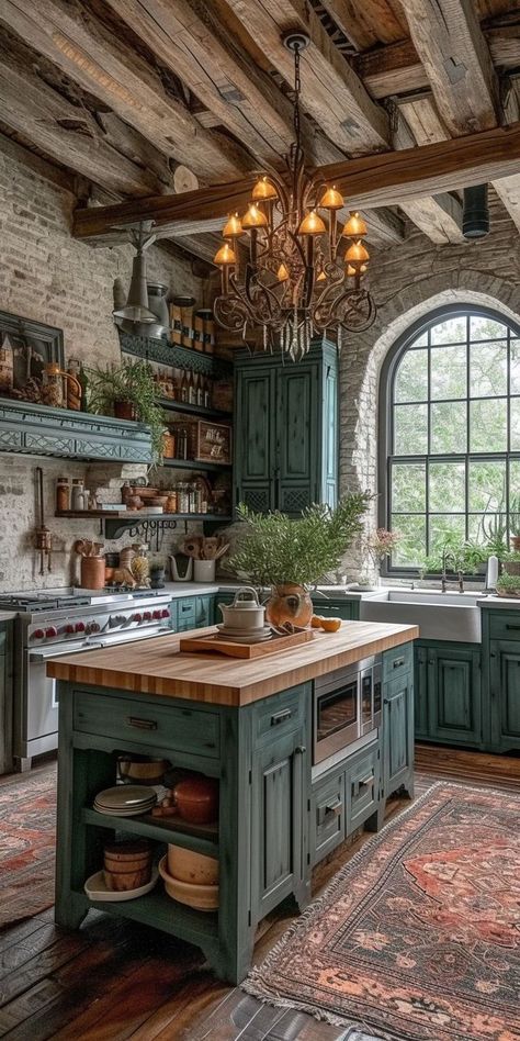 Blue Cabinetry, Industrial Materials, Farmhouse Kitchen Island, Kitchen Island Decor, Rustic Kitchen Design, Cabin Kitchens, Kitchen Ceiling Lights, Dream Kitchens, Kitchen Ceiling