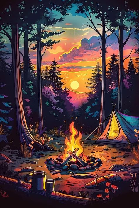 How To Draw A Campfire, Campfire Drawing, Camping Wallpaper, Aesthetic Scenery, Study Aesthetics, Purple Flowers Wallpaper, Easy Mandala Drawing, Landscape Tattoo, Romantic Wall Art