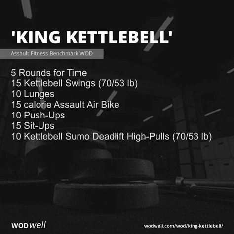 5 Rounds for Time; 15 Kettlebell Swings (70/53 lb); 10 Lunges; 15 calorie Assault Air Bike; 10 Push-Ups; 15 Sit-Ups; 10 Kettlebell Sumo Deadlift High-Pulls (70/53 lb) Kb Wod, Excercise Bike, Kettlebell Wod, Wods Crossfit, Kettlebell Workout Routines, Bike Workouts, Crossfit Workouts Wod, Sumo Deadlift, Crossfit Workouts At Home