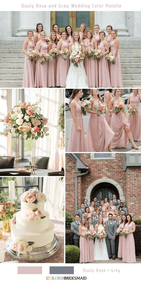 Gold Rose Wedding Dress, Blush Dusty Rose Wedding, Pink Wedding Colour Schemes, Rose Gold Wedding Dress Bridesmaid, Dusty Rose And Grey Wedding, Dusty Rose And Gray Wedding, Dusty Rose Wedding Theme, Dusty Rose Bridesmaid Dress, Blush And Grey Wedding