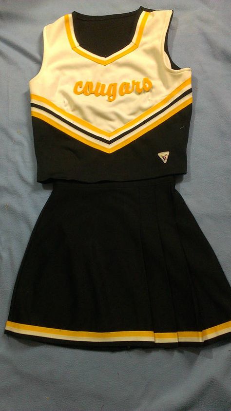 Cougars Black Gold Cheerleader Uniform Football Game Dance Halloween Costume NEW White Cheerleader Uniform, Varsity Cheer Uniforms, Camo Prom, Cheerleader Halloween Costume, Varsity Top, Tiger Girl, Cheerleader Costume, Cheerleading Uniforms, Cheer Uniform