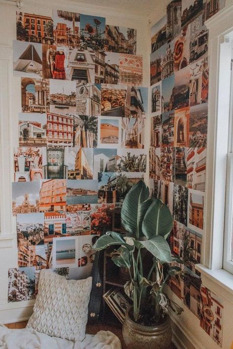 Travel Themed Bedroom, Photowall Ideas, Travel Bedroom, Aesthetic Bedroom Decor, Dorm Room Walls, Travel Collage, Aesthetic Room Ideas, Iberian Peninsula, Themed Bedroom