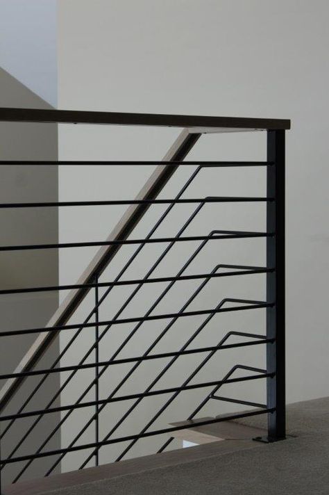 Exterior Horizontal Railing, Industrial Handrail, Exterior Stair Railing, Modern Window Grill, Metal Stair Railing, Stair Spindles, Wood Handrail, Bedroom Addition, Handrail Design