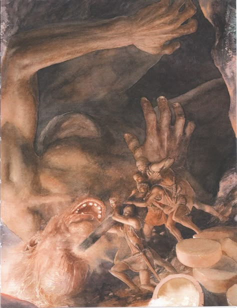 Odysseus and His Men Blind the Cyclops, by Alan Lee. (Homer's Odyssey/In the One-Eyed Giant's Cave/Polyphemus/user: Aethon) Odysseus And The Cyclops, Alan Lee Art, Son Of Poseidon, Homer Odyssey, Homer Iliad, Alan Lee, John Howe, Alchemy Art, Greek History