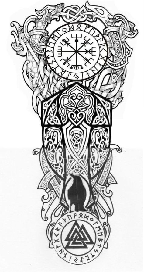 Norse Tattoo Half Sleeve, Mjolnir Tattoo Design Norse Mythology, Norse Tattoo Sleeve For Men, Detail Tattoos For Men, Viking Tattoo Stencils For Men, Norse Sleeve Tattoos For Guys, Viking Sleeve Tattoo Design, Norse Arm Tattoo, Viking Tattoo For Men