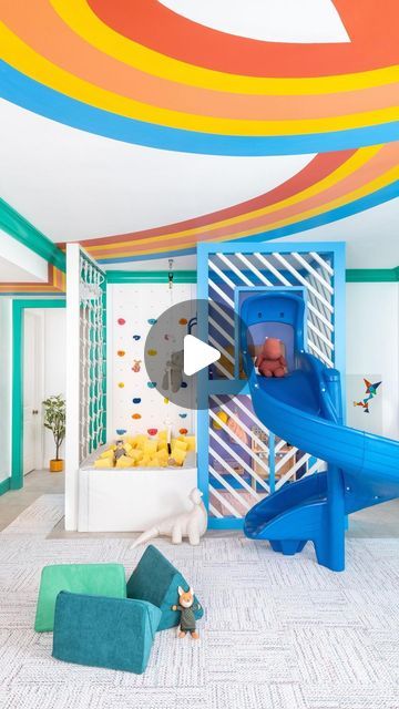 grOH! Playrooms on Instagram: "A room dedicated entirely to Active Play? 🤸‍♂️ Sign us UP! That’s like finding gold at the end of a rainbow 🌈😉 This playroom was designed for some SUPER strong kiddos, who love to climb and move their bodies 😄🤸‍♀️ We made sure to include lots of features that vary in difficulty, so this space can grOH along with the kiddos! 🧡 From the slide, to the climbing wall, to the foam pit - this playroom has all of our favorite features for building strong bodies AND brains! 🛝🧠💪 #grOHTogether #sensoryseeker #sensoryplayroom #sensoryseeking #sensoryactivity #sensoryneeds #sensoryplay #sensoryinput #playroominspo #playroomdecor #foampit #momsofig #momhacks #toddlermom #grosmotorplay #activeplay" Playroom Climbing Ideas, Climbing Wall Playroom, Playroom Slide, Active Playroom, Foam Pit, Rainbow Playroom, Sensory Seeker, Playbased Learning, Accessory Dwelling Unit