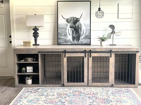 Dog Kennel Console Table Diy, Dog Tv Stand Kennel, Tv Stand Dog Crate, Diy Inside Dog Kennel, Built In Dog Kennels, Cabinet Dog Crate, Diy Double Dog Kennel, Dog Crates Ideas, Hidden Dog Crate