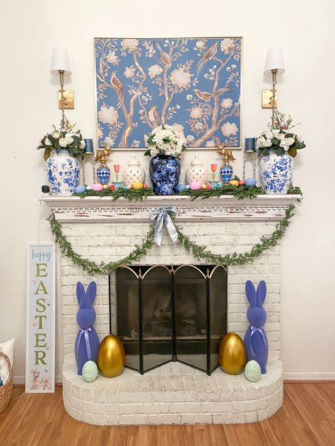 Grandmillennial Easter Mantle Scape with flocked bunnies and ginger jars Easter Hosting, Flocked Bunnies, Easter Mantle Decor, Grand Millenial, Spring Mantle Decor, Easter Mantle, Spring Mantle, Easter Sweets, Mantle Decor