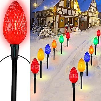 Amazon.com : 2 Packs Jumbo C9 Christmas Pathway Lights Outdoor Lawn Decorations with 12 Strawberry Lights, 10FT Multicolor LED Jumbo Christmas Lights with Walkway Stakes, C9 Light Bulbs for Holiday Outside Yard : Tools & Home Improvement Jumbo Christmas Lights, Big Bulb Christmas Lights, Yard Lights Christmas, Strawberry Lights, Christmas Light Stakes, Led Xmas Lights, Christmas Pathway Lights, Holiday Lights Outdoor, Outdoor Christmas Decorations Yard