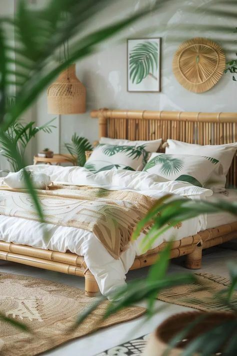 Bedroom Idea Minimalist, Tropical Boho Bedroom, Exotic Bedrooms, Boho Master, Tropical Room, Functional Home Office, Relaxing Spaces, Tropical Bedroom, Boho Bedrooms