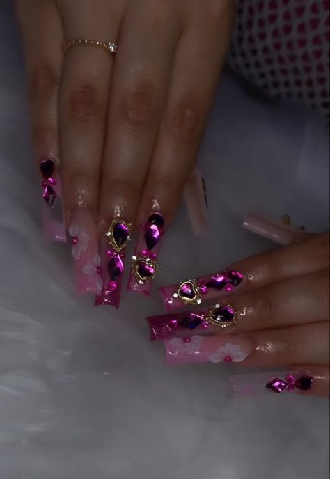 Hot Pink Quince Nails, Hot Pink Nails With Rhinestones, Hot Pink Bling Nails, Pink Nail Aesthetic, Pink Bling Acrylic Nails, Victoria Sanchez, Gem Placement, Party Moodboard, Pink Bling Nails