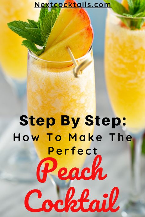 Explore the unlimited possibilities of peach and learn how to create the best Peach Cocktails right in the comfort of your own home. Learn how to balance the sweetness of peach with various liquors, and how to garnish your drinks. Your taste buds will thank me. Peach Garnish, Peach Cocktail Recipes, Tea Syrup Recipe, Peach Cocktail Recipe, Garnish Ideas, Peach Whiskey, Easy To Make Cocktails, Peach Wine, Peach Cocktail