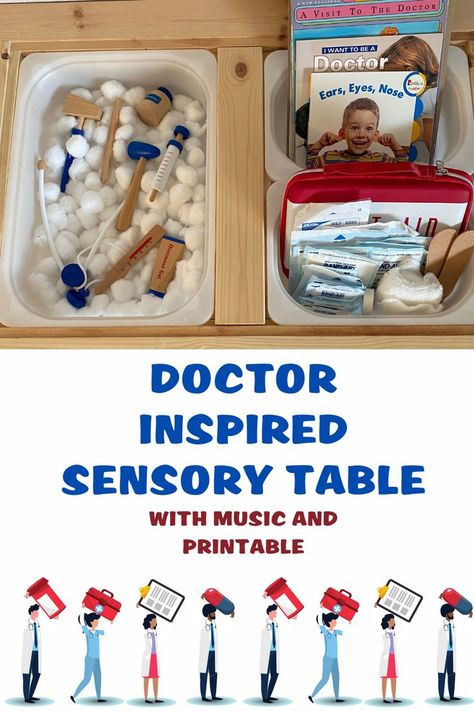 What's Up Doc? Learn about community helpers with this interactive doctor sensory table idea. Dive in deeper and you will find a free “intake” printable and song for kids as well! Community Helpers Sensory Table, Community Helpers Sensory, Doctor Games For Kids, Community Helpers For Kids, Doctor Craft, Community Helpers Crafts, Community Helpers Preschool Activities, Daycare Lesson Plans, What's Up Doc