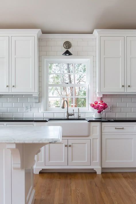 Kitchen Window Trim, Corbels Kitchen, Beveled Subway Tile, Grey Kitchen Island, Kitchen Diy Makeover, Smitten Kitchen, Marble Counter, White Kitchens, Kitchen Views