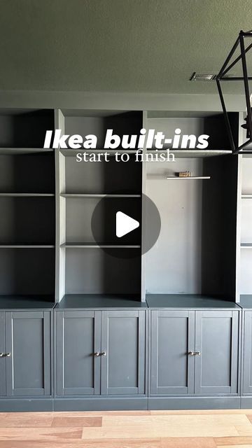 Ikea Havsta Built In Fireplace, Diy Built In Cabinets And Shelves, Ikea Built In Bookcase, Ikea Built In Hack, Moody Green Paint, 1905 Green, Ikea Wall Units, Wall Cabinets Living Room, Ikea Shelf Hack