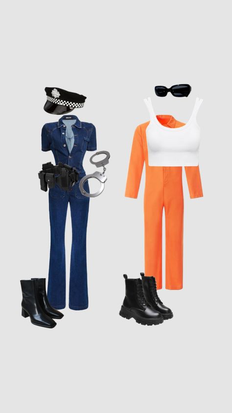 #cop#police#uniform#halloween#costume#halloweencostume#inmate#prison#twinning#matching Cops And Prisoner Costume, Cops And Robbers Costume, Robber Halloween Costume, Halloween Cop, Halloween Prisoner Costume, Cop Halloween Costume, Police Halloween Costumes, Prison Outfit, Cop Outfit