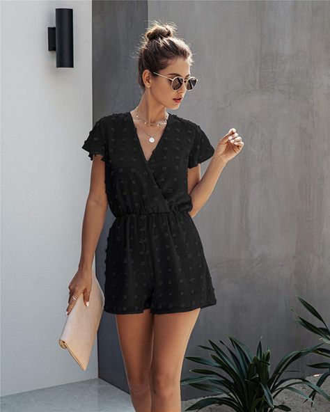 Short Jumpsuit Outfit, Black Short Jumpsuit, Summer Jumpsuit Short, Polka Dot Romper, Shorts Jumpsuit, Solid Jumpsuit, Rompers Online, Solid Color Jumpsuits, Wrap Romper