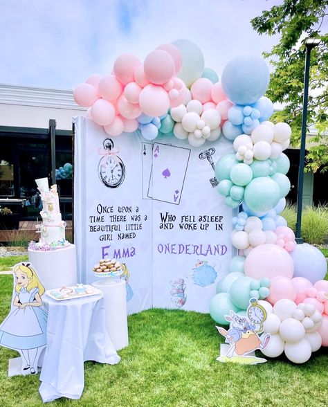 Alice In Wonderland 1st Birthday Party Ideas, Alice In Wonderland Birthday Backdrop, Alice In Onederland First Birthday Backdrop, Alice In Onederland Balloons, Alice In Wonderland Birthday Party Decor, One Wonderland Birthday, Wonderland 1st Birthday, Alice In Wonderland Tea Party 1st Birthday, First Birthday Wonderland Theme