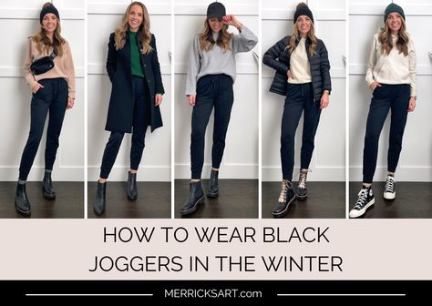 Cream Joggers Outfit Winter, Joggers In Winter How To Wear, Black Jogger Pants Outfit Winter, How To Style Joggers For Women Winter, Black Jogger Winter Outfit, Jogger Pants Winter Outfit, Outfits With Joggers Women Winter, Jogger Pants And Boots Outfit, Dressy Jogger Pants Outfit Winter