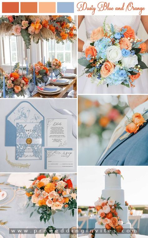 Wedding Color Schemes Orange, Dusty Blue And Orange Wedding, Wedding Theme Orange, Orange And Blue Wedding, Blue Orange Weddings, Orange Ideas, Wedding Color Schemes Blue, Personalized Wedding Invitations, Orange Wedding Themes