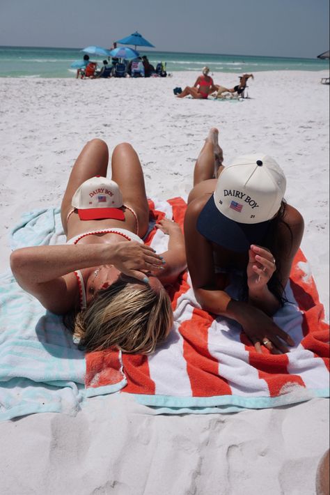 dairy boy, beach, bikini, trucker hat Summer Instagram Post, Trucker Hat Photoshoot Ideas, Dairy Boy Hat, Trucker Hat Beach Outfit, Trendy Summer Beach Trucker Hat, Dairy Boy, Dairy Boy Aesthetic, Playful Trucker Hat For Beach, Bucket Hat Photoshoot