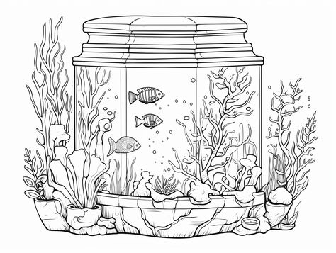 illustration of Fish tank aquarium coloring sheet Drawing Of Aquarium, Fish Tank Drawing Easy, Aquarium Fish Drawing, Aquarium Tattoo, Fish Tank Drawing, Fish Tank Drawing For Kids, Fish Tank Coloring Pages, Aquarium Illustration, Betta Fish Coloring Page