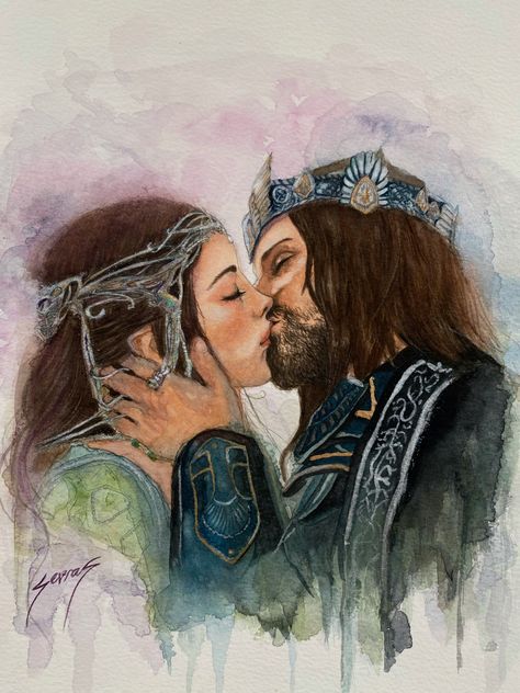 Watercolor painting by Sevra Doğan Aragorn Art, Hobbit Drawing, Aragorn Lord Of The Rings, Arwen And Aragorn, Arwen Aragorn, Aragorn And Arwen, Romance Novel Covers, Novel Covers, Liv Tyler