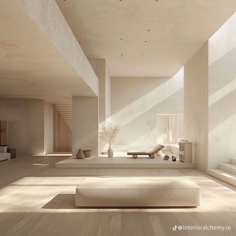 Modern High Ceiling Living Room, Minimalist Monastery, Off White Interior, White Concrete House, Minimal Modern Home, Bright Sofa, Concrete Interior Design, Sofa Room, Luxury Mansions Interior