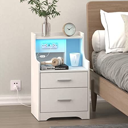 Floating Furniture Bedroom, Bed Side Drawers, Bed Side Table Ideas, Bedroom Side Table Ideas, Led Bedside Table, Tall Nightstands, Side Tables For Bedroom, Nightstand With Charging Station, Side Tables Bedroom