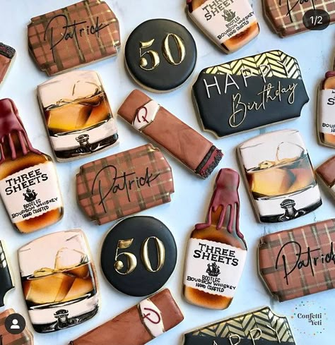 Whiskey Cookies, Birthday Cookies Decorated, Bourbon Cookies, 50th Birthday Party Ideas For Men, 40th Birthday Themes, Dads Birthday, 50th Birthday Ideas, 55th Birthday, Iced Sugar Cookies