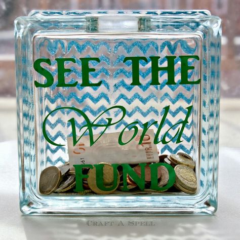 See the world fund glass block piggy bank Kawaii Money, Cardstock Projects, Cute Money, Piggy Bank Diy, Diy Bank, Holiday Crafts Gifts, Glass Block Crafts, Travel Fund, Money Saving Box