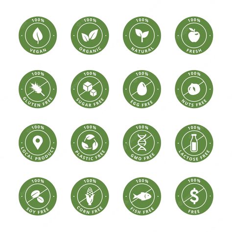 Premium Vector | Vector product 100 icons organic natural vegan products labels sugar egg and lactose free tag gluten nuts and fish free allergy tags vector set Organic Product Packaging, Vegan Branding, Nature Logo Design, Vegan Design, Free Tag, Peanut Allergy, Vegan Products, Sugar Eggs, Gluten Free Sugar Free