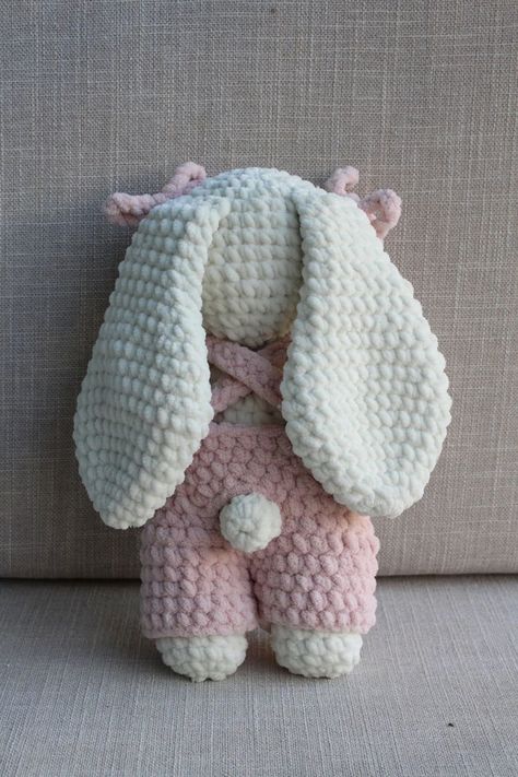 Overall bunny plushie crochet amigurumi pattern available on our etsy Crochet Bunny Overalls, Amigurumi Doll Free Pattern Pdf, Crochet Bunny With Overalls, Bunny Stuffed Animal Pattern, Giant Crochet Plushies, Crocheted Bunnies, Crochet Overalls, Stuffed Animal Crochet, Velvet Bunny